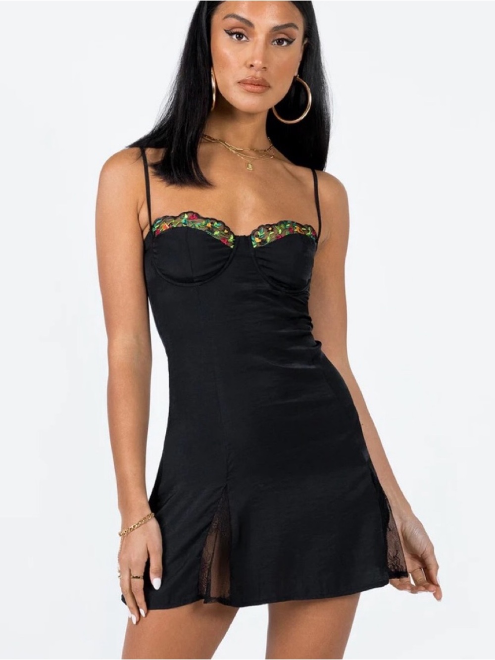NWT Princess Polly Black Mini Dress with Floral Trim
